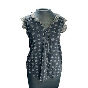 Lucky Brand Womens Black Sleeveless Top With Ruffle Trim & Tie Neck